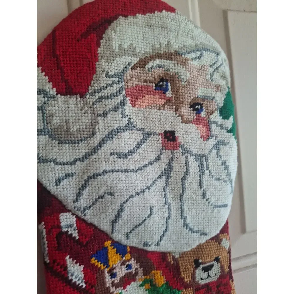 Needlepoint Christmas Stocking 3D Santa Claus Face Arms Holding Toys Vintage